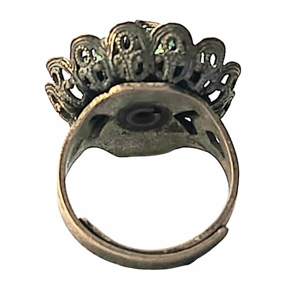 1940s  Art Deco Faux Pearl Green Glass Gold Tone Large Adjustable Cocktail  Ring - Picture 4 of 4